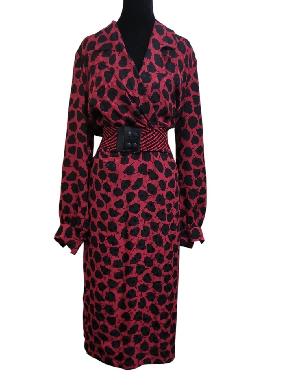 VTG Raul Blanco 100% Silk Tulip Midi Dress Red Black Floral with Belt Modern Med